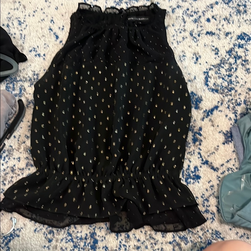 White House Black Market Black and White Smocked Ruffled Sleeveless Blouse